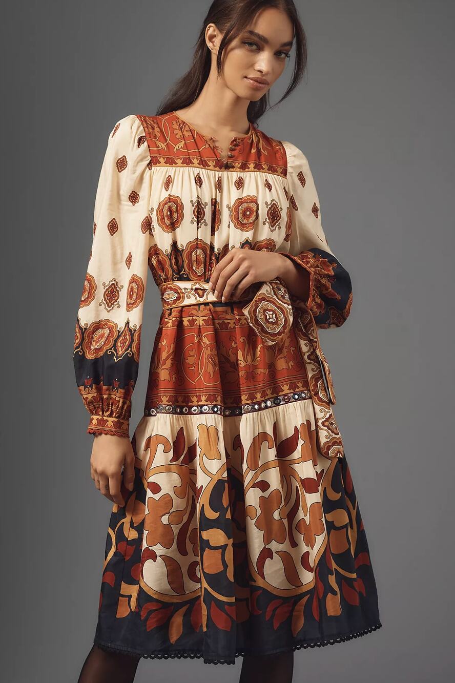 NEW Farm Rio Ainika Tiles Midi Dress Womens XS Cream Red Bohemian Puff Sleeves